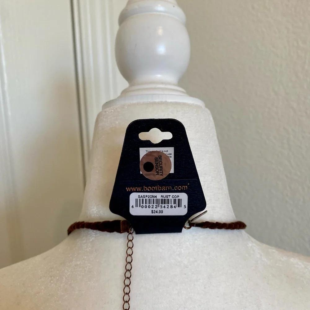 Shyanne NWT Faux Turquoise Faux Leather / Suede Necklace Brown / Copper Fringe - Picture 3 of 3